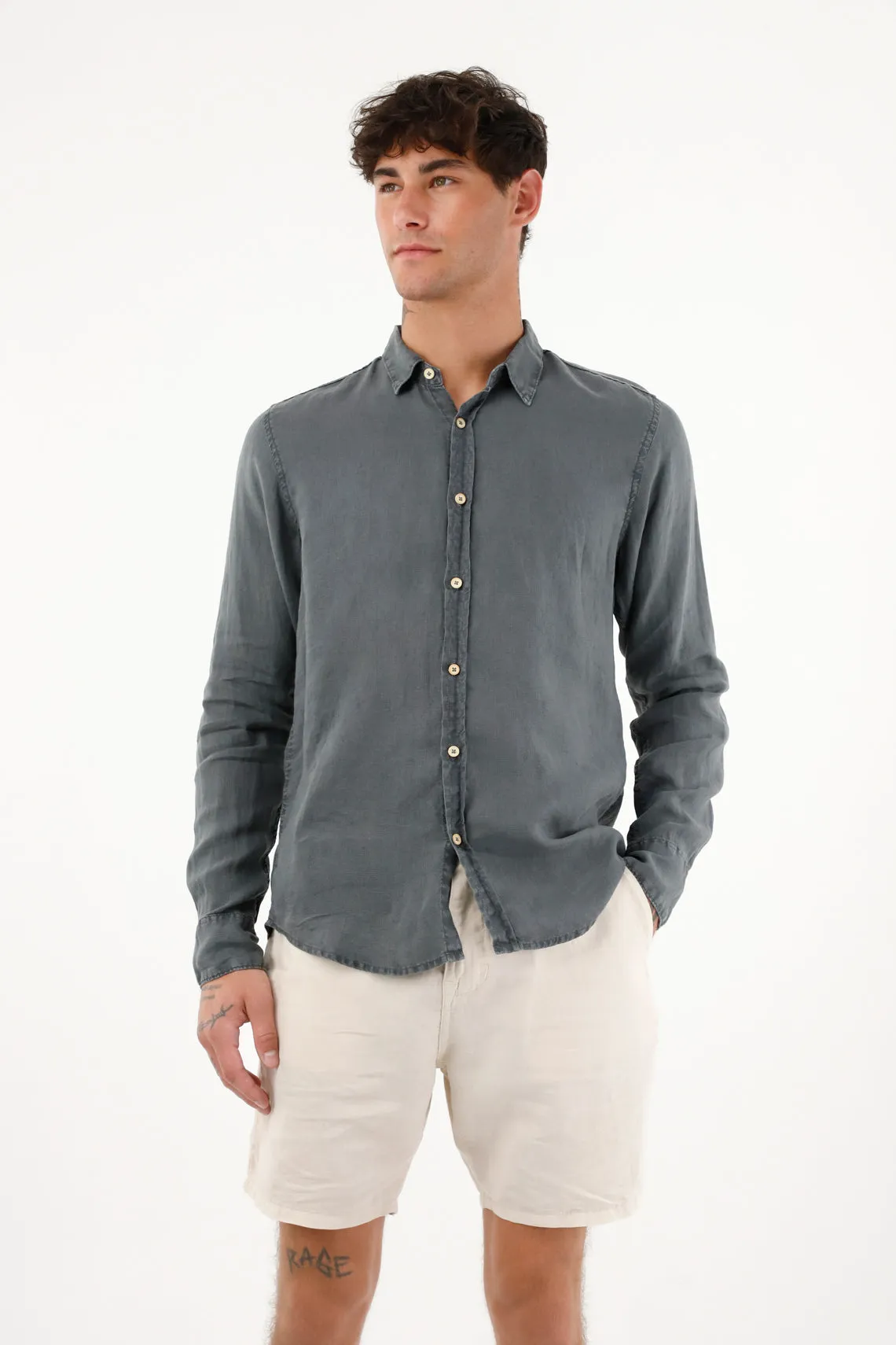 Camisa azul de 100% lino para hombre