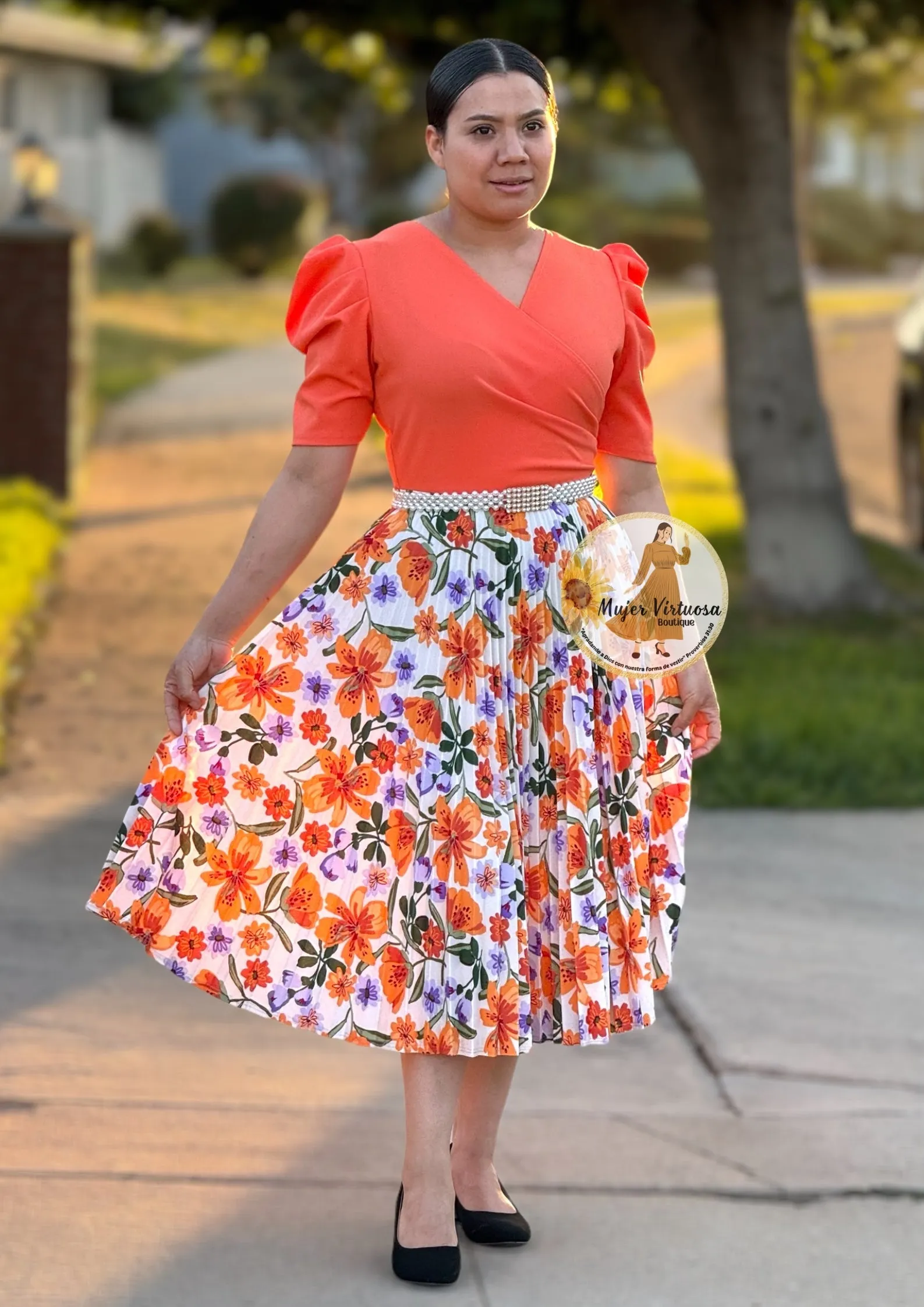 Orange Pleated Midi Floral Dress