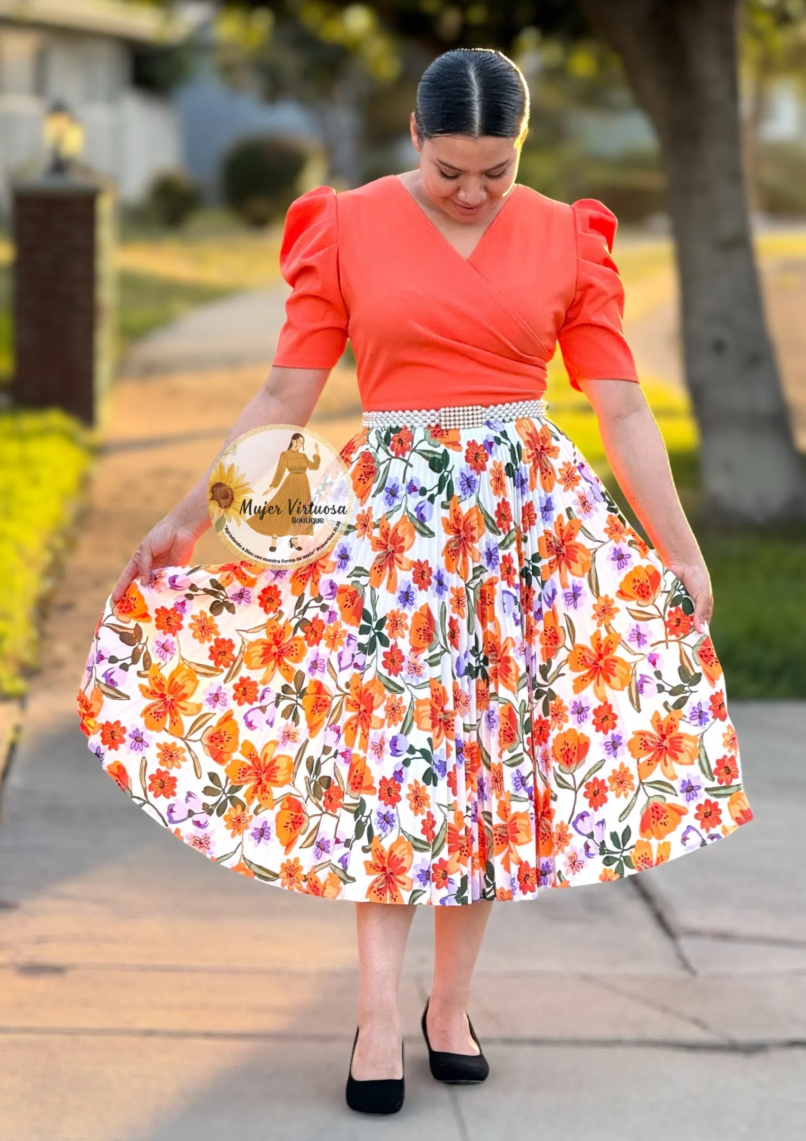 Orange Pleated Midi Floral Dress