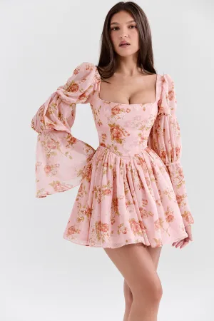 Vestido Curto Bufante Rosa Floral Modelo Sancia