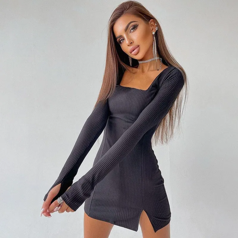 Vestido Curto Sexy Canelado Manga Longa Fenda