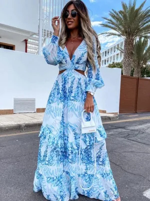 Vestido Longo Praiano Mykonos Cintura Vazada Manga