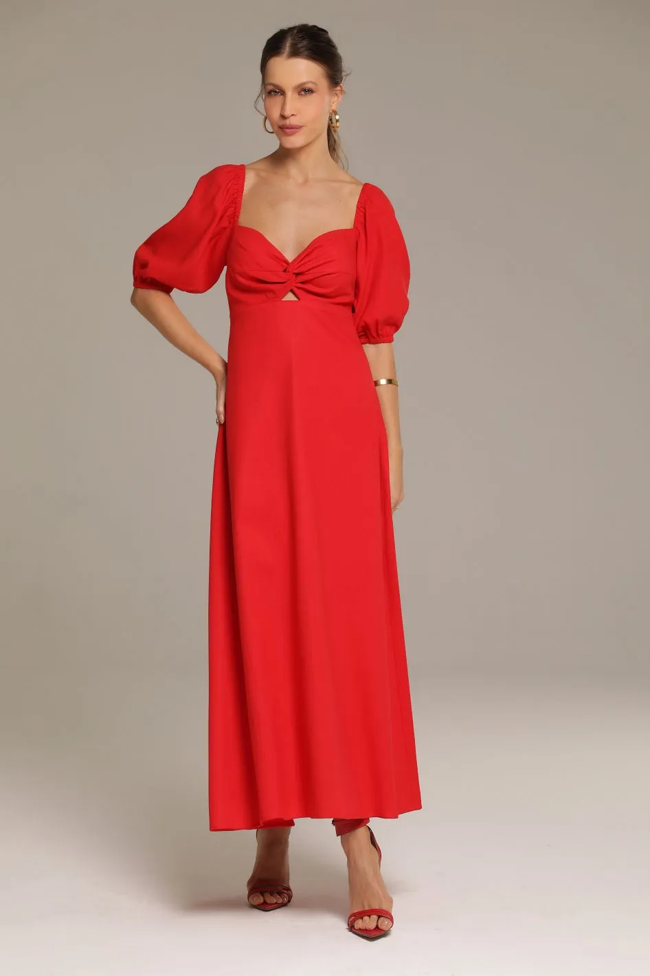 Vestido Midi de Linho Vermelho Eleonor