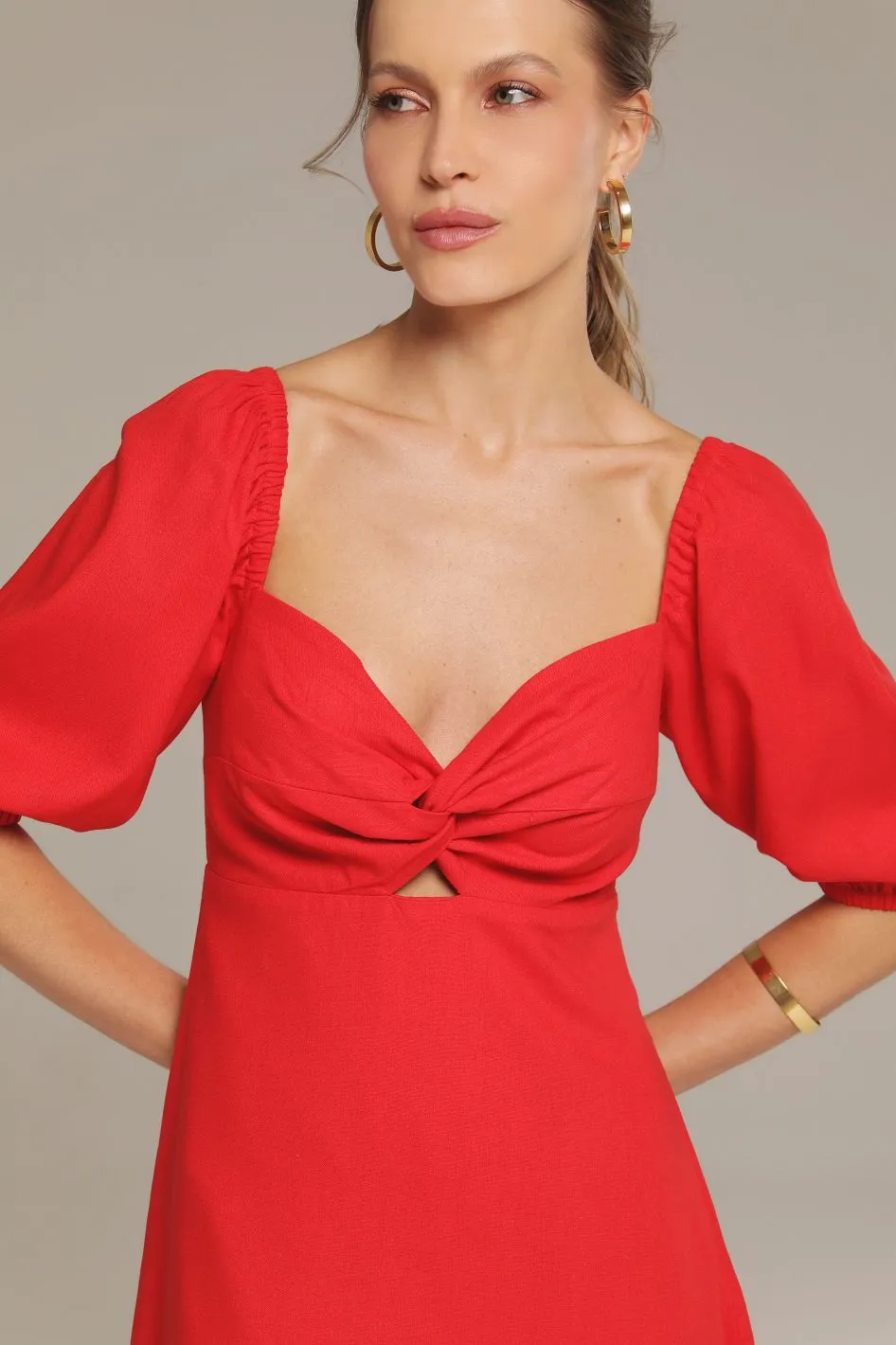 Vestido Midi de Linho Vermelho Eleonor