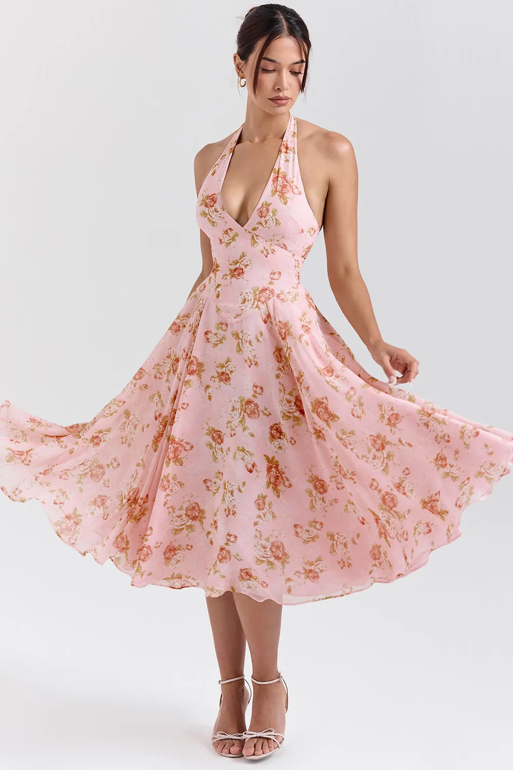 Vestido Midi Floral Rosa Inglesa Modelo Georginna