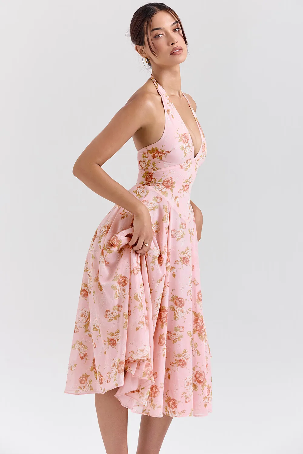 Vestido Midi Floral Rosa Inglesa Modelo Georginna