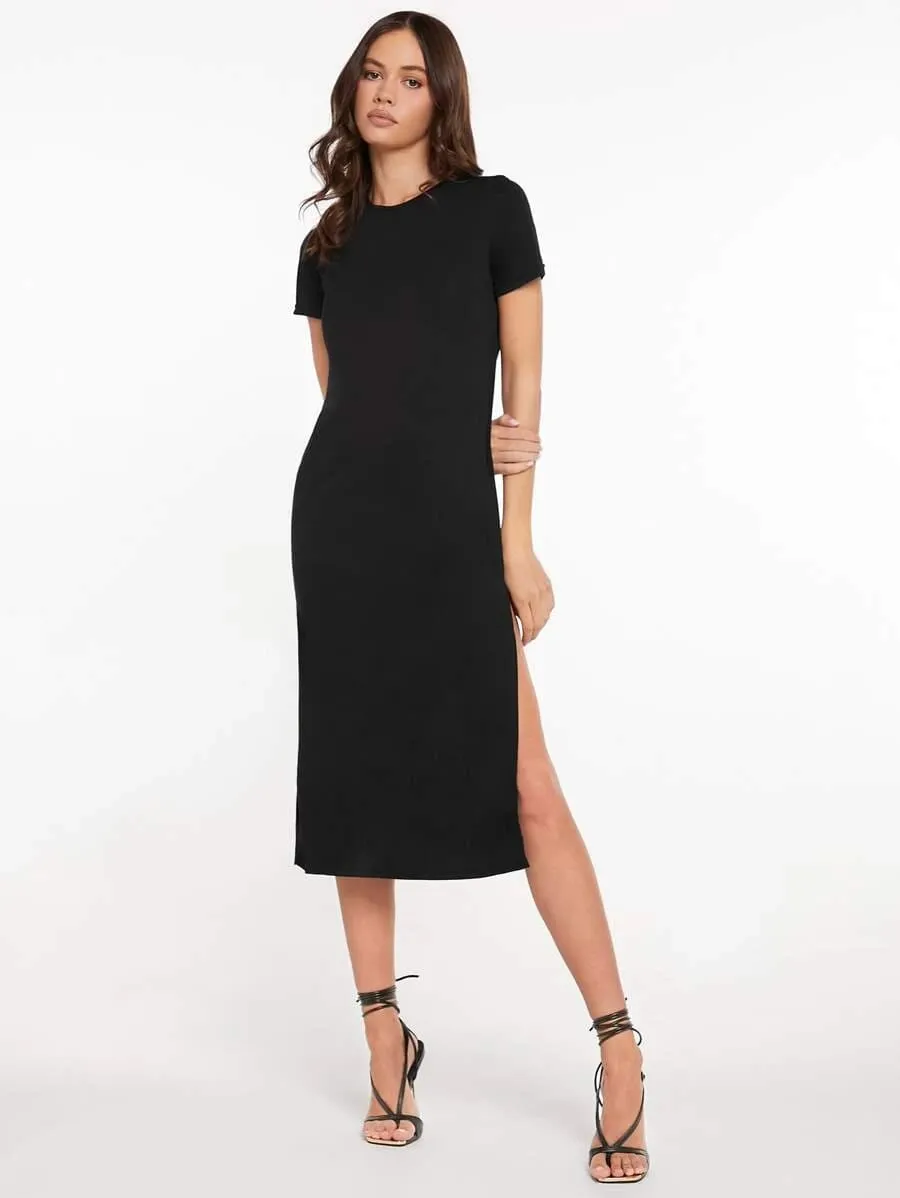 Vestido Tubinho Midi Fenda Manga Curta Casual